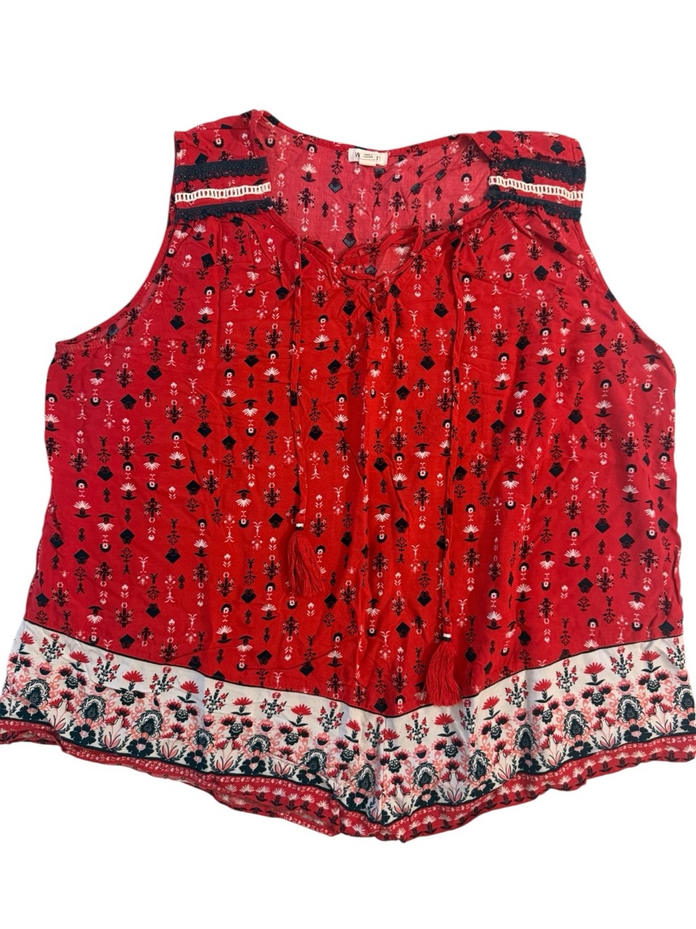 Westport Red Boho Tassel Tie Camisole with Floral Border